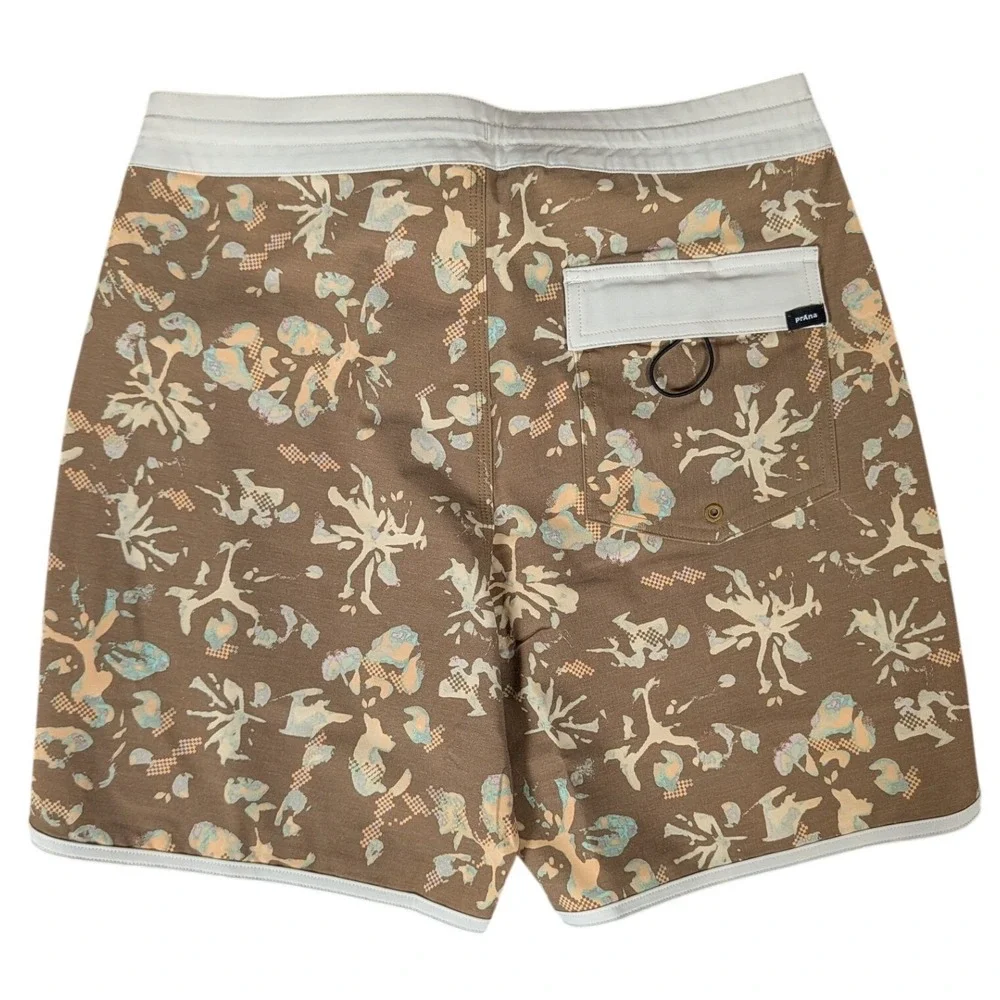 prAna Mens Brown Abstract Floral Scalloped Hem Board Shorts Swim Trunks 28/06